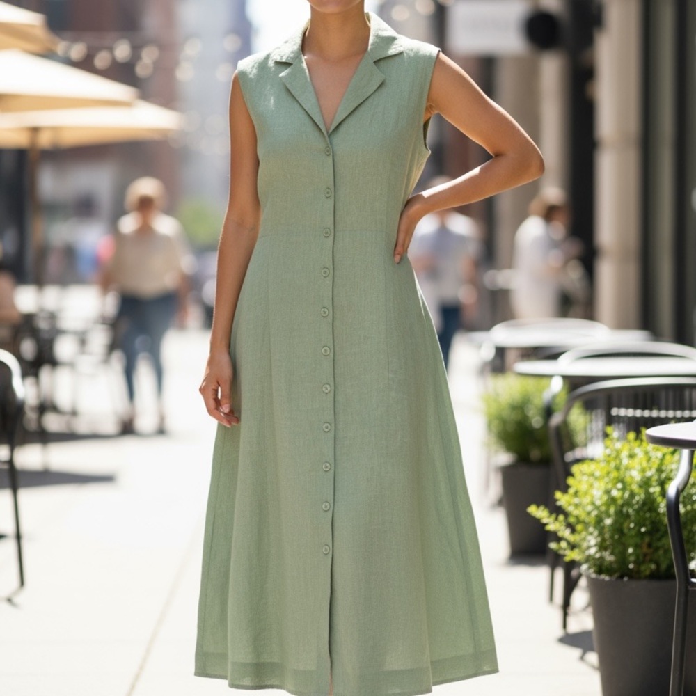 Magaschoni Sleeveless Olive Green Linen Maxi Dress - image 5